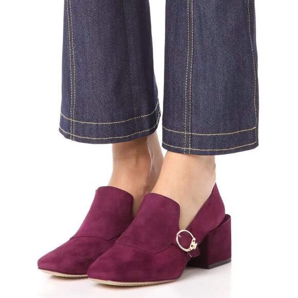 TORY BURCH TESS 50MM BLOCK HEEL LOAFER WOMENS SIZE 9.5 LANCASTER SUEDE PORT RED - Picture 1 of 12